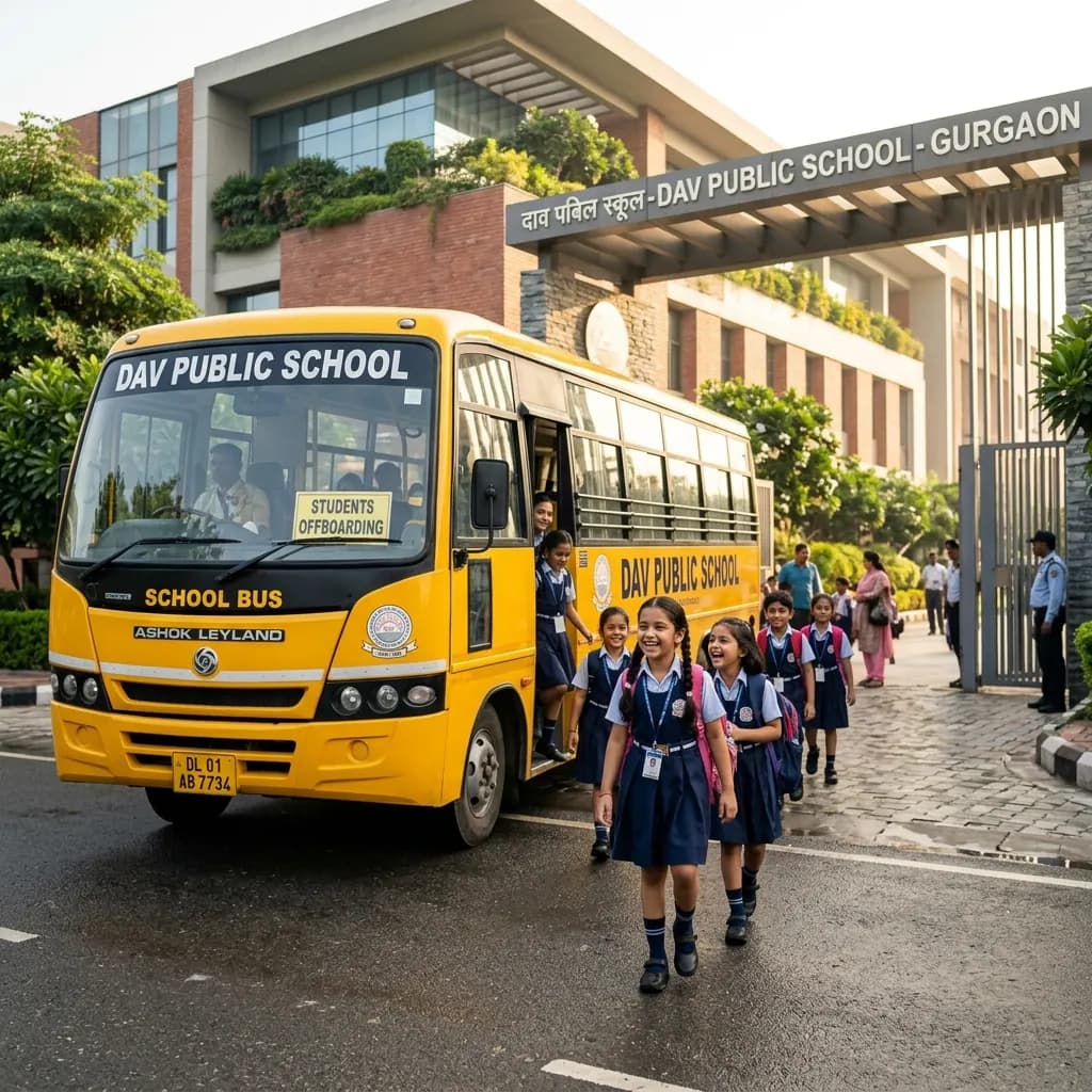 Students getting off a school bus at school